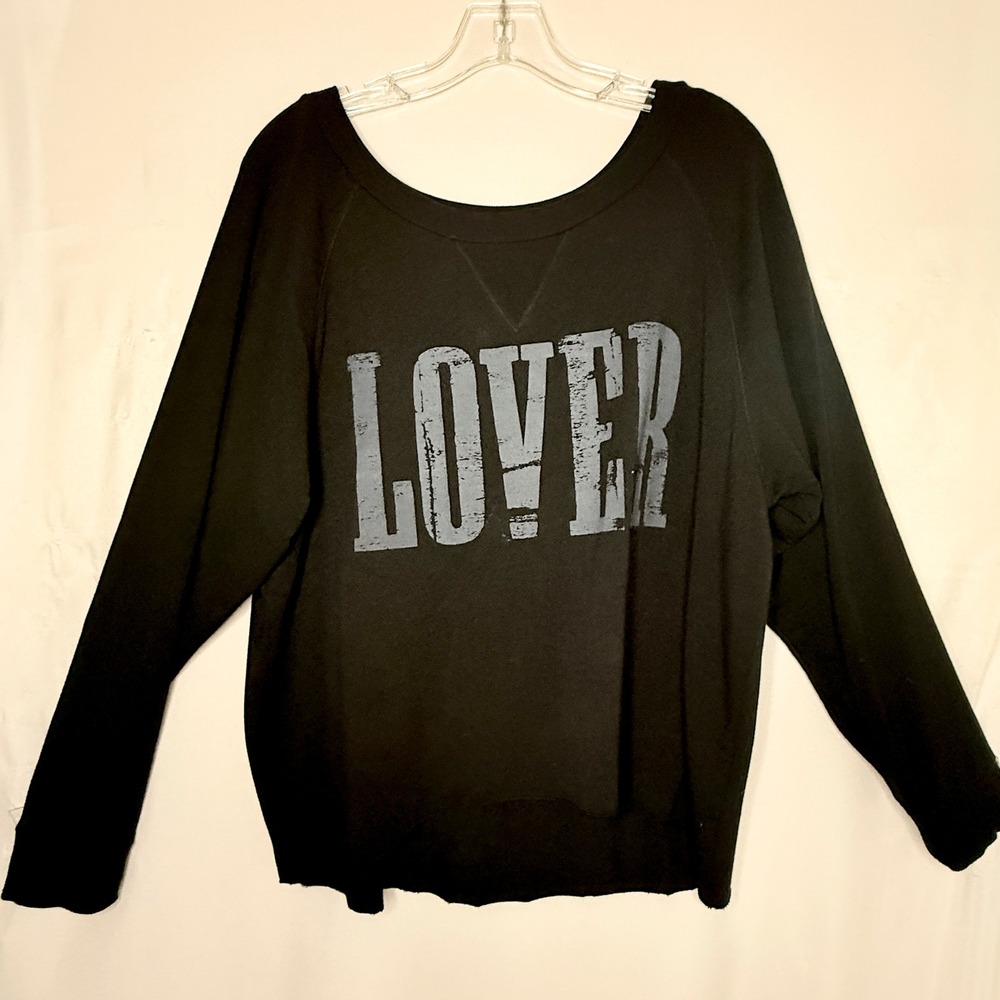 Haute Hippie Lover Graphic Sweatshirt L Black Raglan Raw Hem Boho Rocker Chic